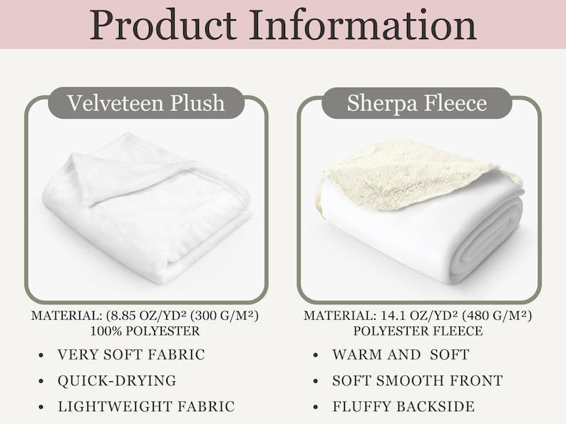 Pu&ograve; includere: Due coperte bianche, una in velluto a pelo corto e l'altra in pile sherpa. La coperta in velluto a pelo corto &egrave; di 8,85 oz/yd&sup2; (300 g/m&sup2;) ed &egrave; in 100% poliestere. La coperta in pile sherpa &egrave; di 14,1 oz/yd&sup2; (480 g/m&sup2;) ed &egrave; in pile di poliestere. Entrambe le coperte sono molto morbide e leggere.