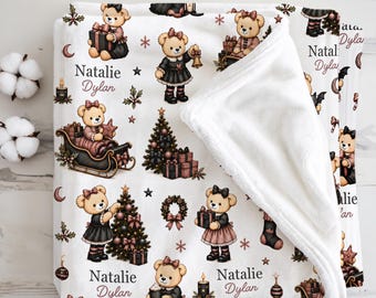 Personalized Gothmas Baby Blanket Gothic Teddy Bear Nursery Quilt, Newborn Baby Girl Blanket Goth Christmas Decor First Gothmas Keepsake