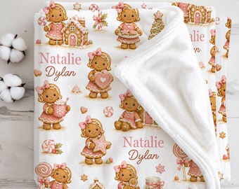 Manta navideña de jengibre para bebé, regalo personalizado para recién nacida, dulce niña de jengibre, rosa, para la habitación del bebé, primera Navidad.