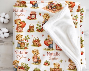 Personalized Strawberry Baby Blanket Newborn Girl Berry Picking Teddy Bear Throw, Summer Baby Girl Gift, Strawberry Patch Nursery Keepsake