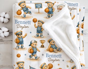 Personalized Basketball Baby Blanket Newborn Boy Gift Custom Baby Blanket Teddy Bear Vintage Sports Nursery Baby Shower Basketball Gifts