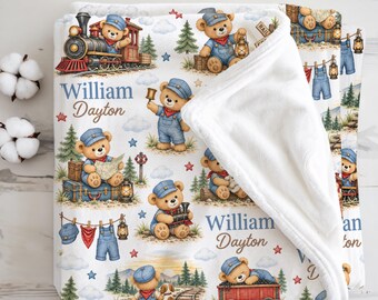 Teddy Bear Train Baby Blanket Personalized Train Nursery Gift Baby Boy Little Conductor Newborn Keepsake, Locomotive Baby Shower Gift