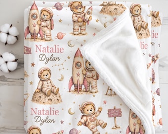 Space Baby Blanket Personalized Newborn Girl Teddy Bear Galaxy Rocket Nursery Outer Space Blanket Girl Astronaut Baby Shower Gift