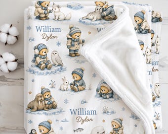 Arctic Animals Baby Blanket Personalized Newborn Boy Gift Winter Wildlife Nursery Throw Polar Animal Baby Shower Snowy Baby Gift