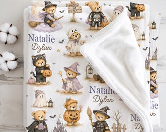 Personalized Trick or Treat Baby Blanket Halloween Newborn Girl Gift Teddy Bear Spooky Nursery Baby Shower First Halloween Throw
