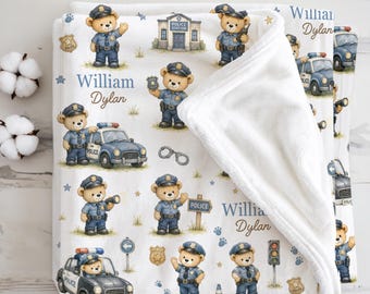Personalized Police Baby Blanket Newborn Boy Throw Teddy Bear Nursery Law Enforcement Baby Shower Boy Police Gift