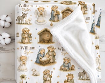 Personalized Nativity Baby Blanket Christian Christmas Gift for Baby Boy Religious Baby’s First Christmas Eve Keepsake, Faith Nursery Decor