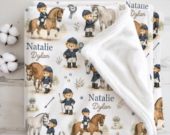 Personalized Dressage Baby Blanket Equestrian Nursery Newborn Girl Riding Horse Baby Keepsake, Horse Lover Baby Shower Present