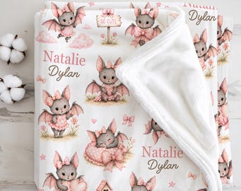 Personalized Bat Baby Blanket Pink Gothic Bat Nursery Gift for Baby Girl Pastel Baby Bat Newborn Keepsake, Goth Mom Baby Shower Present