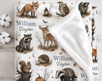 Personalized Woodland Baby Blanket, Spooky Forest Nursery Gift, Autumn Halloween Newborn Keepsake, Forest Animal Baby Shower Present