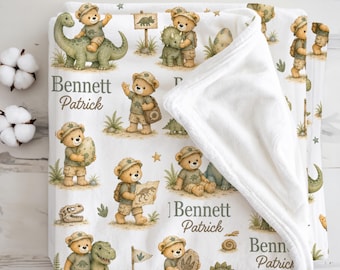 Manta de bebé de dinosaurio personalizada con osito de peluche, paleontología, guardería, explorador de dinosaurios, niño niño, cazador de fósiles, baby shower de dinosaurios, regalos de dinosaurios