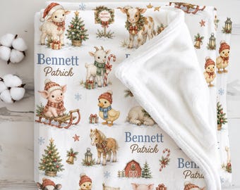 Manta navideña personalizada con animales de granja para bebé, decoración navideña para la habitación del bebé, regalo de primera Navidad para niño, recuerdo campestre para recién nacido
