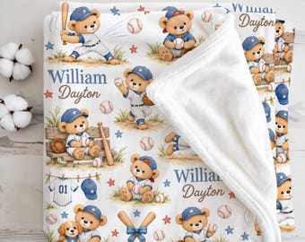 Manta personalizada de ursinho de pelúcia com tema de beisebol para bebê menino, ideal para decoração de quarto infantil com tema esportivo, perfeita para a chegada do recém-nascido, chá de bebê ou como lembrança para a nova mamãe.