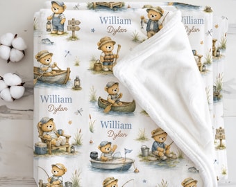 Personalized Fishing Baby Blanket Lake Life Newborn Boy Gift Teddy Bear Nursery Fish Blanket Outdoorsman Fisherman Baby Shower Fishing Gift