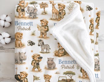 Safari Baby Blanket Personalized Little Explorer Safari Nursery Gift Baby Boy Safari Wildlife Animal Newborn Keepsake Baby Shower Present