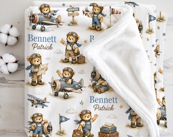 Manta de bebé con avión vintage personalizada, osito de peluche piloto, manta de aviación para bebé niño, regalo para baby shower con biplano