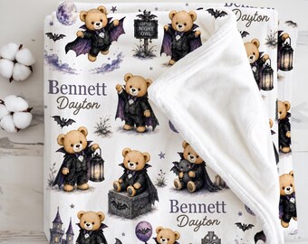 Vampire Baby Blanket Personalized Teddy Bear Little Vampire Newborn Boy Goth Nursery Decor, First Halloween Baby Gift Spooky Baby Keepsake