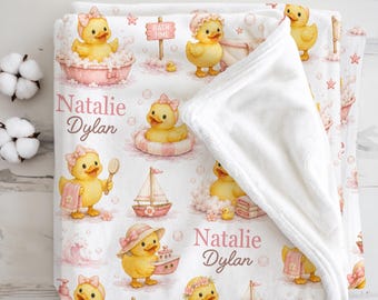 Rubber Duck Baby Blanket Personalized Rubber Duck Nursery Gift for Baby Girl, Pink Duckling Newborn Keepsake, Duck Baby Shower Present