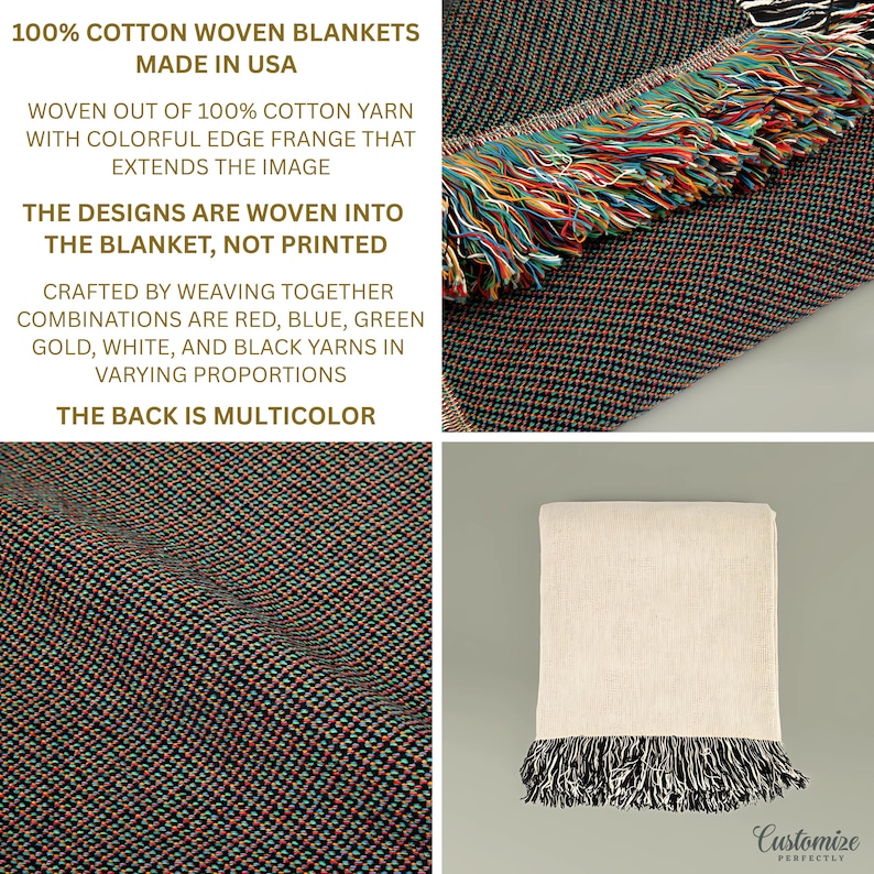 May include: A woven cotton blanket with a multicolored design. The blanket features a colorful fringe and is made in the USA. The design is woven into the blanket, not printed. The back of the blanket is also multicolored.
