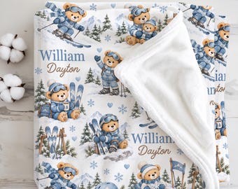 Manta personalizada para bebé con diseño de osito de peluche esquiando, ideal para la habitación de un niño. Regalo perfecto para recién nacidos amantes del esquí. Regalo ideal para baby shower con temática de deportes de invierno.