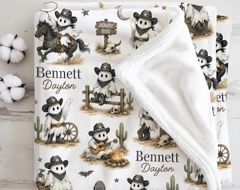 Personalized Cowboy Ghost Baby Blanket Western Halloween Nursery Gift, Spooky Rodeo First Halloween Little Cowboy Baby Shower Keepsake