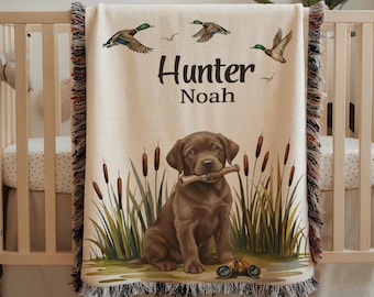 Personalized Mallard Duck Baby Blanket with Custom Name, Chocolate Lab Hunting Nursery Dog Lover Labrador Gift for Boys