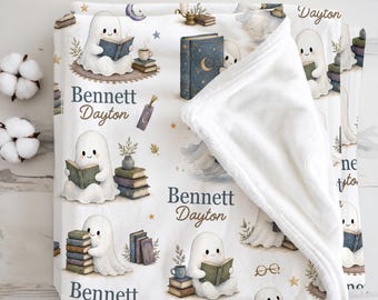 Personalized Book Ghost Baby Blanket, Ghost Reading Halloween Gift, Little Reader Nursery, Cozy Spooky First Halloween Keepsake