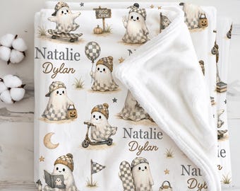 Checkerboard Ghost Baby Blanket Personalized Spooky Nursery Newborn Girl Gift Ghost Checkerboard First Halloween Keepsake