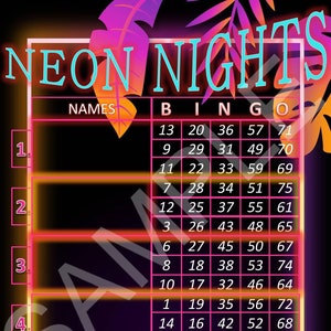 NUITS NÉON, 5 blocs, 75 numéros, mixtes, blocs de bingo droits