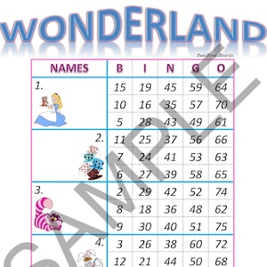 ALICE au PAYS DES MERVEILLES, lot de 5, 75 numéros, blocs de bingo droits et mixtes