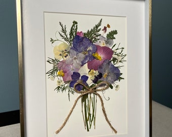 Made to order, 7x9 Gold Frame with white matte border and 5x7 dried flower arrangement.