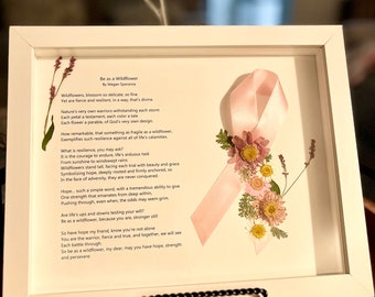 Breast Cancer Gift / Cancer Gift / White shadowbox / Pink Ribbon / Cancer Survivor / Fighting Cancer / Awareness Ribbon / Pressed Floral