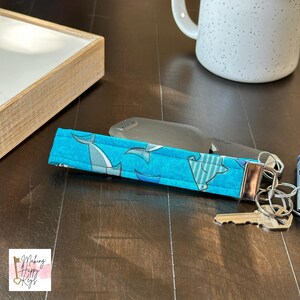 Blue Sharks Wristlet Keyring - Fun Fabric Sharks / Keychain / Key Wristlet / Key Fob with Dark Silver - Gift for everyone, new keyring