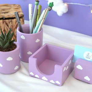 Cloud Office Organizer Set van 5 (pennenhouder en notitiekubushouder en visitekaartjeshouder en plantenpot en plant) - Lila