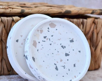 Concrete Coasters for Office, Brown Terrazzo Mini Organizer Set of 2, Round Coaster Set Gift for Office Desk