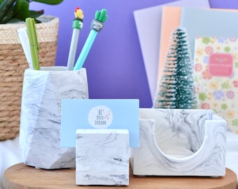 Grey Marble Looking Office Desk Organizer Set of 3 (Pen Holder, Memo Paper Holder and Business Card Holder), Cute Office Desk Organizer Set