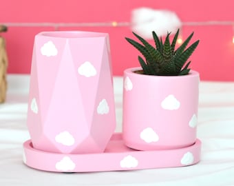 Pink Desk Organizer with Tray, Cute Desk Set with Cloud, Organizer Tray and Mini Plant Pot with Plant for Desk and Pencil Holder