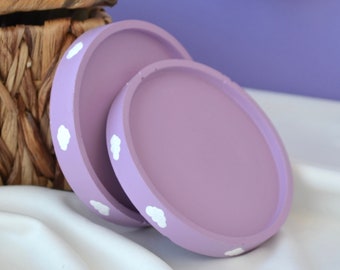 Unique Round Coaster Set of 2 with Clouds, Cloud Coaster Set for Desk, Concrete Mini Saucer for Jewelry