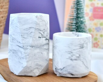 Grey Desk Organizer for Office Set of 2, Chic Grey Desk Gift for Workarea, Grey Marble Looking Pen Holder and Plant Pot