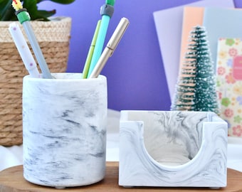 Grey Marble Looking Office Desk Organizer Set of 2 (Pen Holder, Memo Paper Holder), Unique New Job Gift for Office Desk