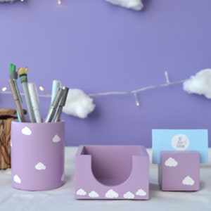 Cloud Lilac Office Organizer Set van 3 met pennenhouder, notitiekubushouder en visitekaartjeshouder voor bureau, unieke kantoorgeschenken