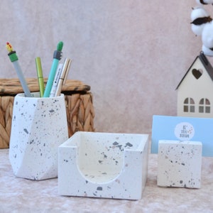 Office Organizer set van 3 voor bureau met bruin terrazzo, betonnen bureau set van 3 (terrazzo pennenhouder notitiehouder visitekaarthouder)