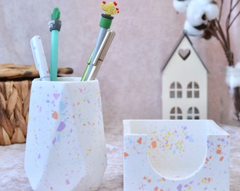 Terrazzo Cute Desk Organizer Set of 2 for Office, Terrazzo Pen Holder and Memo Paper Holder for Desk, Unique gift for Office