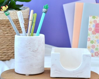 Brown Marble Looking Office Desk Organizer Set of 2 (Pen Holder, Memo Paper Holder), Concrete Desk Organizer Set of 2