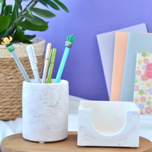 Bruin marmer ogende bureau-organizer set van 2 (pennenhouder, memopapierhouder), betonnen bureau-organizer set van 2