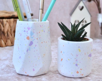 Pen and Plant Pot for Desk, Concrete Desk Set of 3 with Colorful Terrazzo, Unique Terrazzo Pen Holder and Planter and Plant