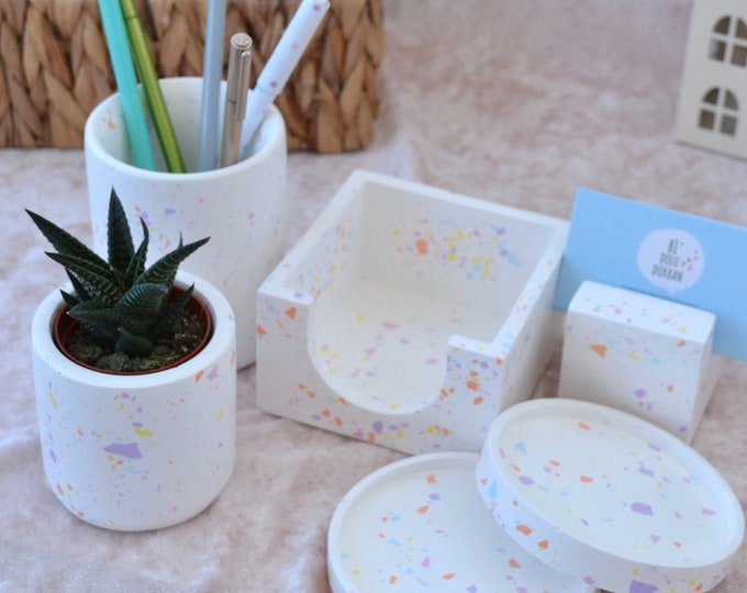 Office Organizer Set of 7 with Pen Holder and Note Cube Holder and Business Card Holder for Desk and Mini Plant Pot and Plant with Terrazzo