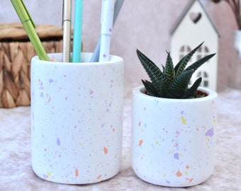 Terrazzo Plant Pot with Plant and Pen Holder Set for Desk, Terrazzo Desk Set of 3, Unique Office Desk Gifts