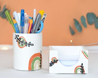 Boho Desk Organizer Set of 2, Boho Office Decor Set for Desk, Boho Pen Holder and Boho Memo Paper Holder