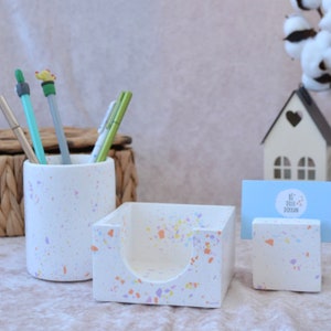 Kleurrijke Terrazzo Office Organizer Set van 3 met pennenhouder, notitiekubushouder en visitekaartjeshouder voor bureau, unieke kantoorgeschenken